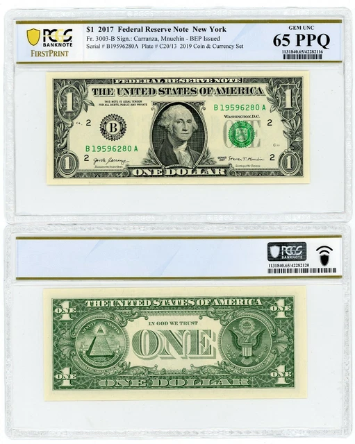 2017 Federal Reserve Note $1 New York Pcgs Gem Unc 65 Ppq