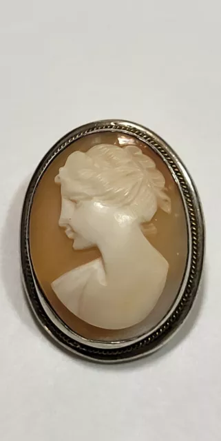 Vintage Antique Small Carved Shell Sterling Silver 800 Cameo Brooch Pendant