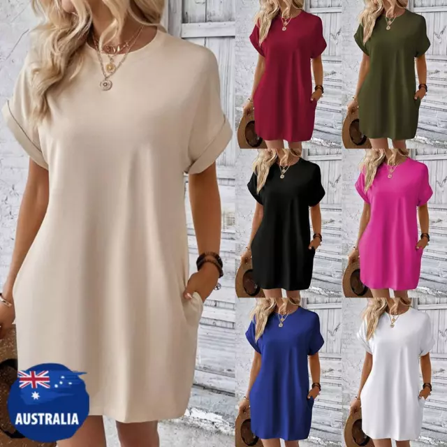 Women Bat Sleeve Pockets Mini Dress Ladies Casual Loose Pullover T Shirt Dresses