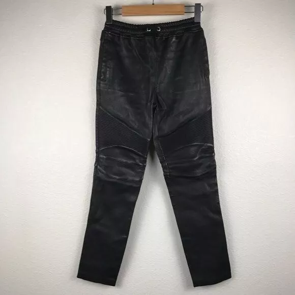 Balmain Boys Black Lamb Leather Moto Pants Size 8