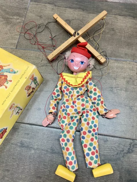 Vintage PELHAM PUPPET Clown Marionette Toy W/ Box Made For Norman Marcus ENGLAND