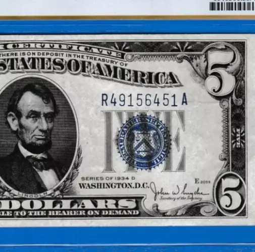 $5  1934 D  SILVER CERTIFICATE NOTE  S/N R49156451 A Fr. 1654 PCGS 55 PPQ