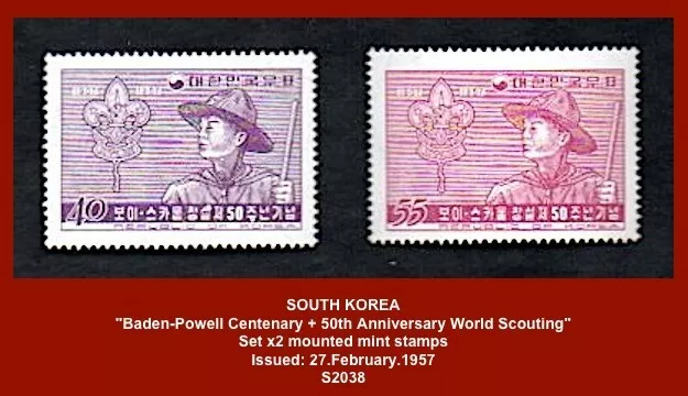 SOUTH KOREA 1957  -  "50th Anniv. World Scouting" - Set x2 mounted mint stamps