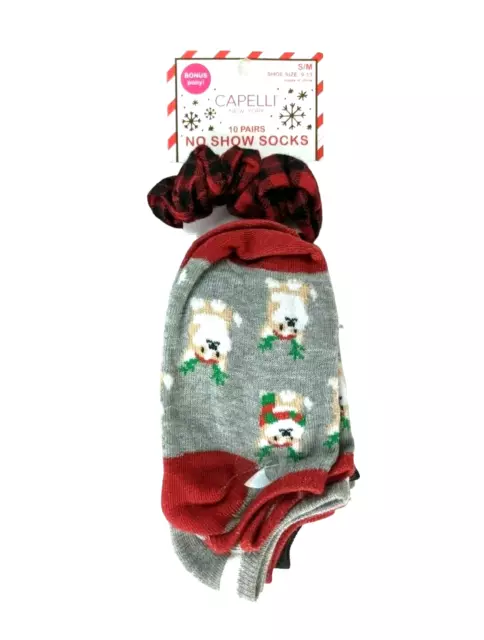 NWT 🎄 Capelli NY 10 Pr Girls Christmas Print No Show Socks + Hair Scrunchy  S/M