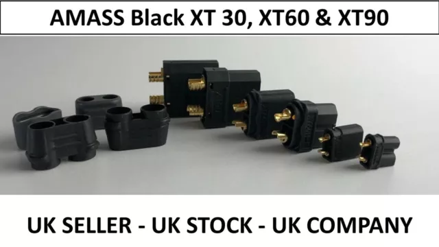 AMASS Black XT90 XT60 XT30 Battery Connectors Male Female Pair & Caps RC UK Lipo 2