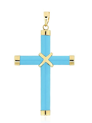 Turquoise Cross Pendant 14K Yellow Gold 1 1/2 Inch 16, 18, 20" Rope Chain