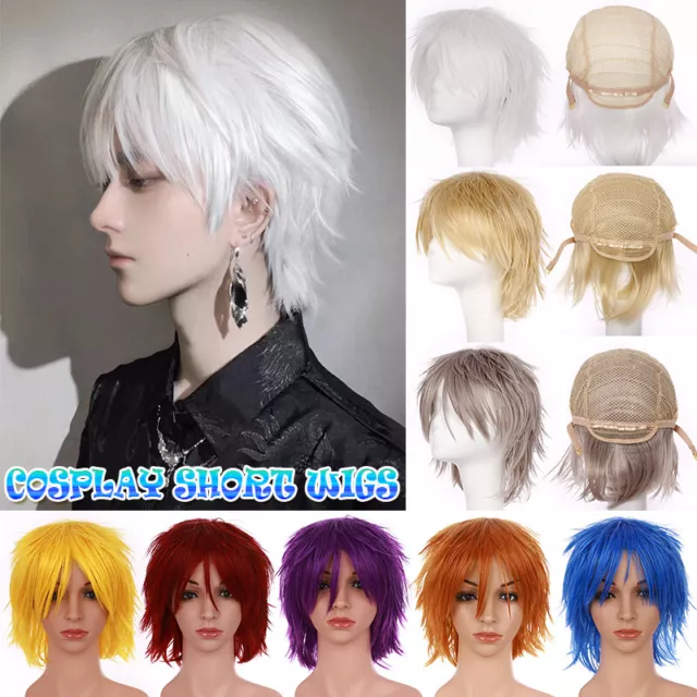 Mens Womens Anime Short Wig Cosplay Party Straight Hair Costume Full Wigs White