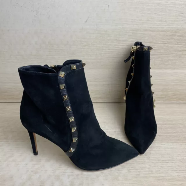 Valentino Rockstud Black Suede Point Toe Side Zip Up Ankle Boots, Women’s 35