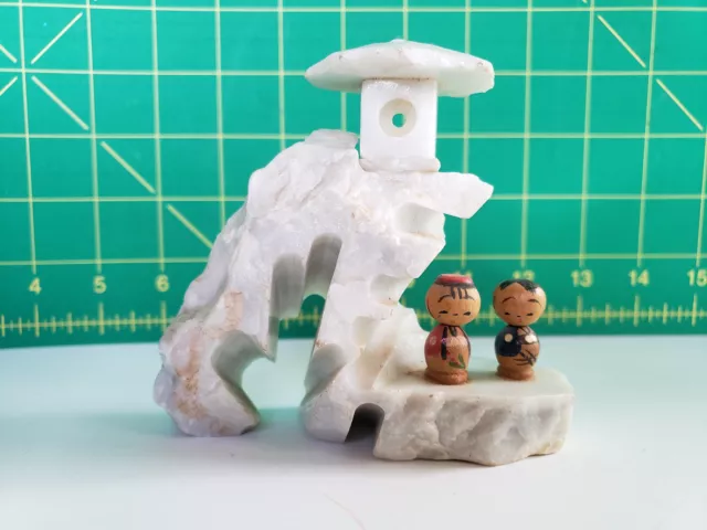 Vintage Miniature Hand Carved Mountain Scene with 2 Wooden Figures Japan