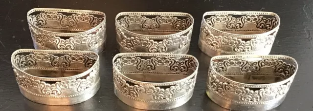 Beautiful Vintage Set Of 6 Ornate Filigree Silver Plated Napkin Rings