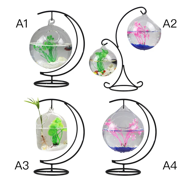 Desk Hanging Fish Tank Bowl with Stand Transparent Glass Fish Bowl Mini Aquarium 2