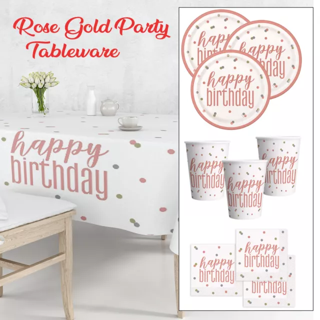 Rose Gold Party Tableware Birthday Banner Napkins Plates Cups Tablecloth Set