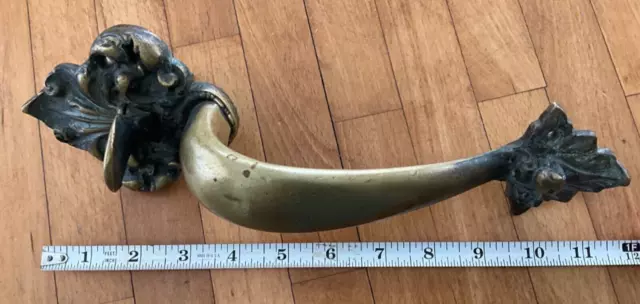 Antique Heavy 12” Cast Bronze Art Nouveau Front Door Handle/Latch/Pull-All Orig.