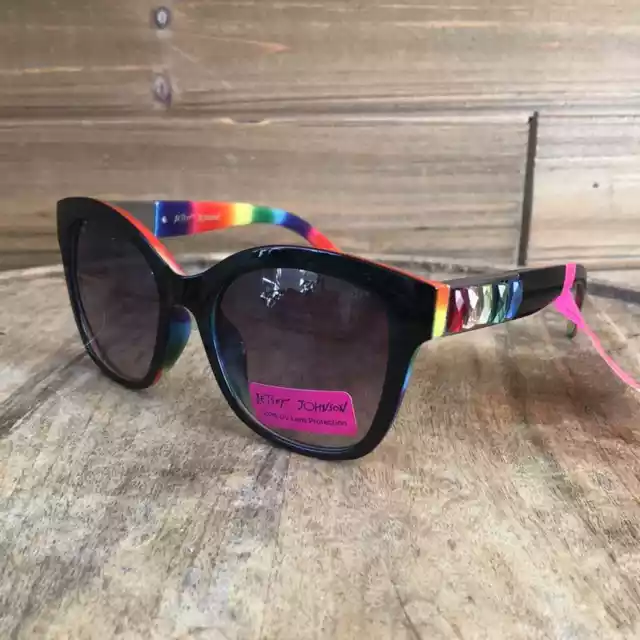 NWT Betsey Johnson Black Square Lens Sunglasses Rainbow studs and arm