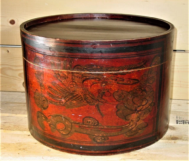 Antique 19th Century Round Chinese Wood Box Phoenix Bird Flowers Hand Painted