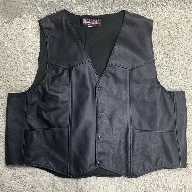 Vintage Brooks Black Leather Biker Vest Motorcycle Sportswear  SZ 3XL EUC