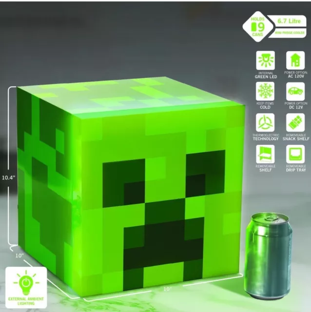 Minecraft Charged Creeper Figural Mini Fridge 9 Can Door Ambient Lighting.