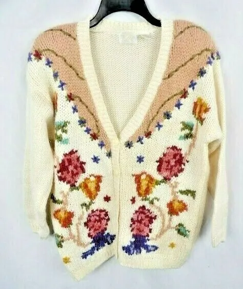 Vintage Needles & Yarn Woman's Cardigan Sweater Size Large Shoulder Pads