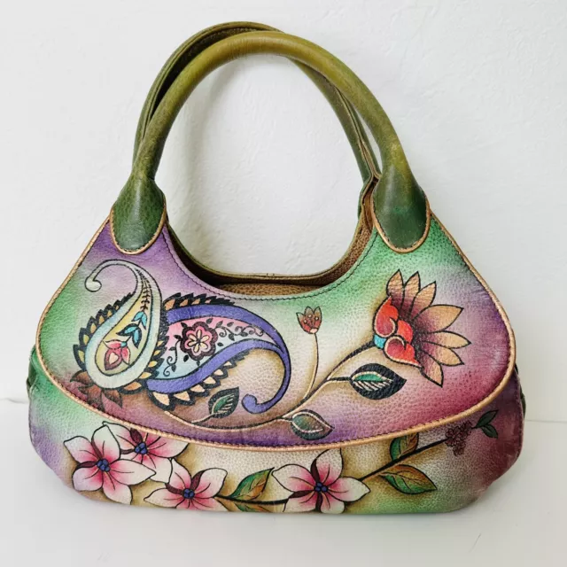 Anuschka Shoulder Bag Artisan Painted Floral Leather Hobo Double handle Purse