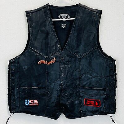 Mens 3X Diamond Plate Motorcycle Vest Black Buffalo Leather Patches USA Eagle