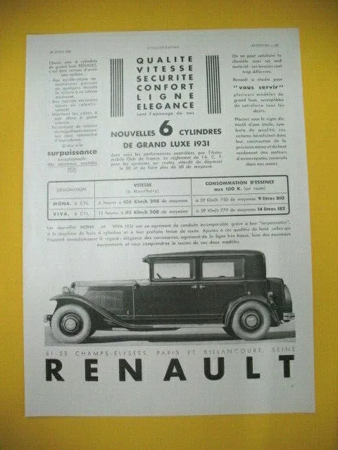 Publicite De Presse Renault Automobile Monastella Et Vivastella Grand Luxe 1931