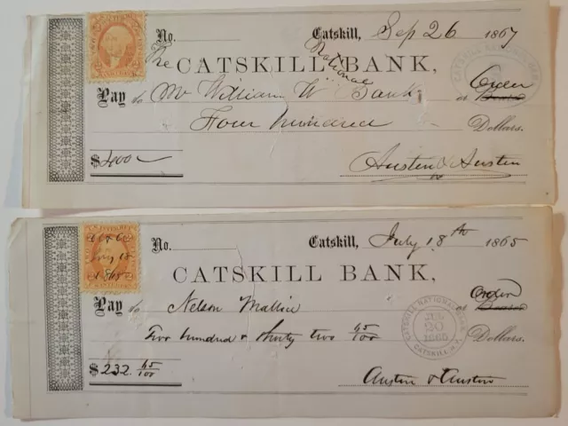 CATSKILL BANK NY lot of 2 1865-67  Checks Document Stamps Manuscript AUSTIN