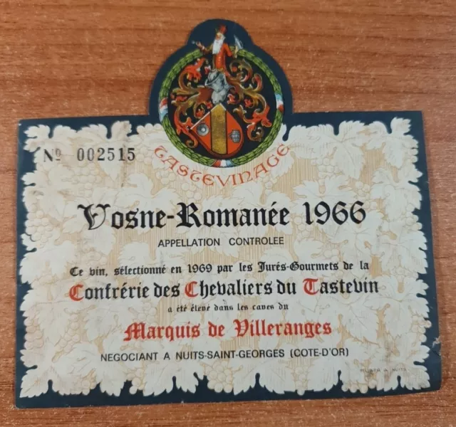 Etiquette de vin/ Wine Label VOSNE ROMANÉE (Confrerie Tastevin) 1966 décollée