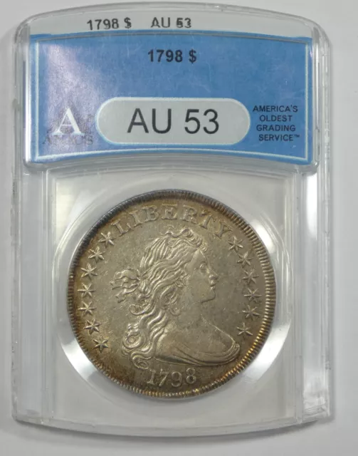 1798 Draped Bust  Pointed 9 Silver Dollar Heraldic Eagle rev ANACS AU 53