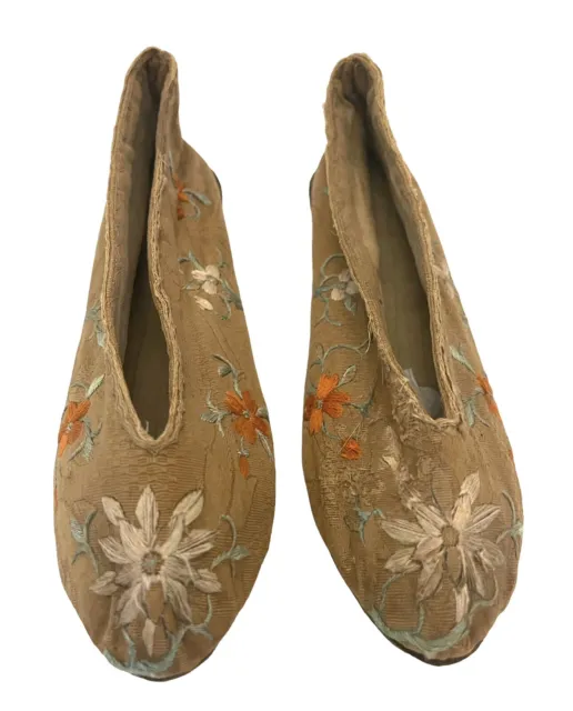 Antique Oriental Embroidered Fabric Wooden Sole Women’s  Traditional Shoes