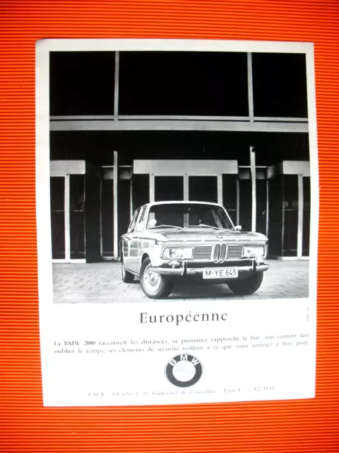 Publicite De Presse Bmw 2000 Automobile Europeenne French Ad 1967