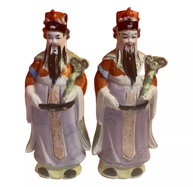 Set of 2 Lu Xing Chinese God of Prosperity and Wealth Figurines, Vintage