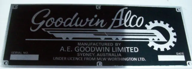 Replica Goodwin Alco-Mlw Worthington Builders Plate Printed On Aluminum Sheet
