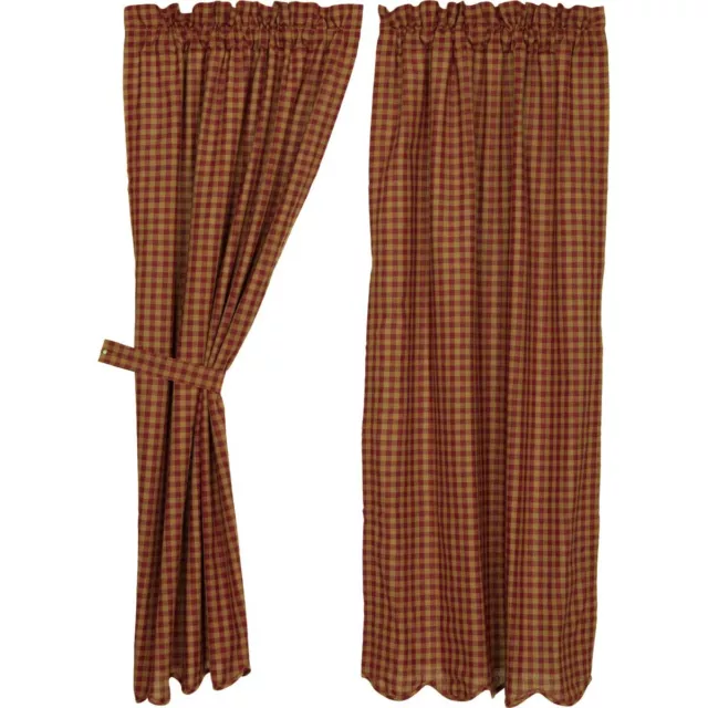 New Primitive Red Wine BURGUNDY TAN CHECK SCALLOPED CURTAIN PANELS Drapes 63"