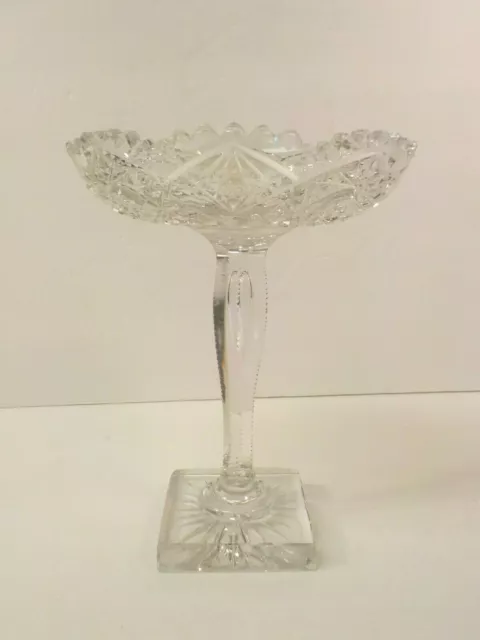 American Brilliant Period Cut Glass 7.75" Compote, Square Base, c. 1880-1900