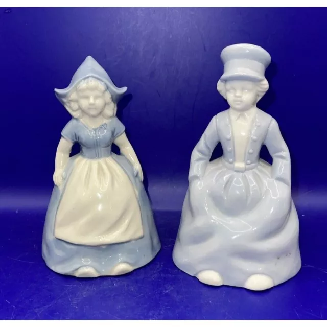 Vintage Dutch Boy Girl Couple Figurines Hand Bells Blue White Porcelain Ceramic