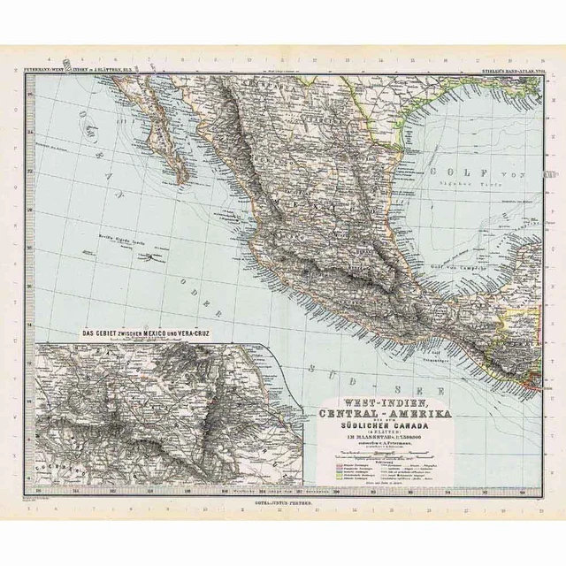 MEXICO - Inset of Area between Mexico and Vera Cruz - Antique Stieler Map 1891