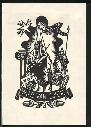 Exlibris W.J.C. van Eyck, Frachtschiff nebst Ritter & Wappenschild