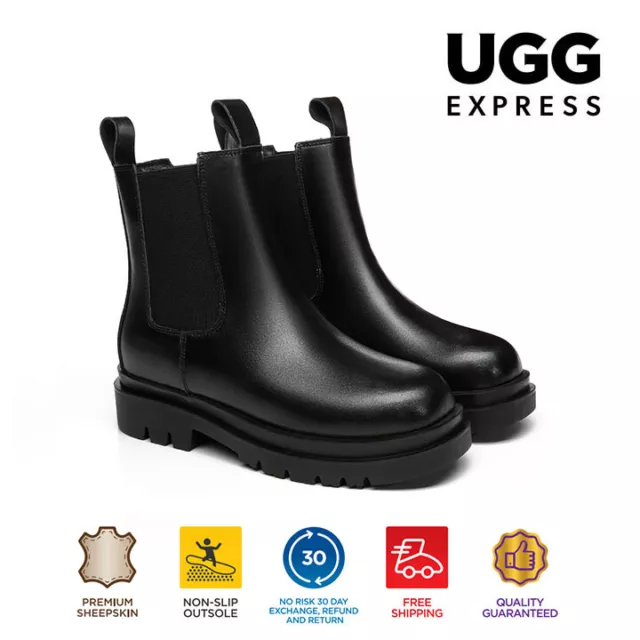 【EXTRA 15% OFF】UGG Women Chunky Leather Boots Sheepskin Platform Nonslip Vaneta