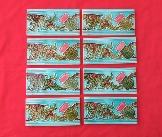 8 Piece Old Art Flower Design Majolica Ceramic Tiles Japan 0102