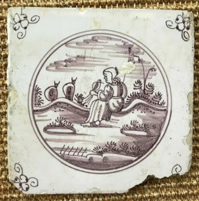 ANTIQUE 18C DUTCH DELFT MANGANESE TILE SHEPHERDESS IN A LANDSCAPE c.1750