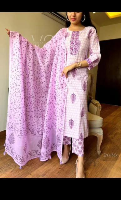 Indian Handmade Purple Cotton Printed Straight Kurta Pant Dupatta Salwar Kameez