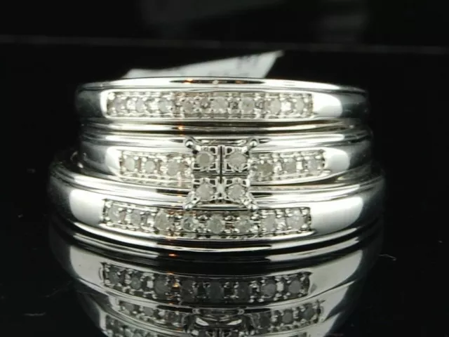 10K Mens Ladies White Gold Diamond Engagement Ring Wedding Band Trio Bridal Set