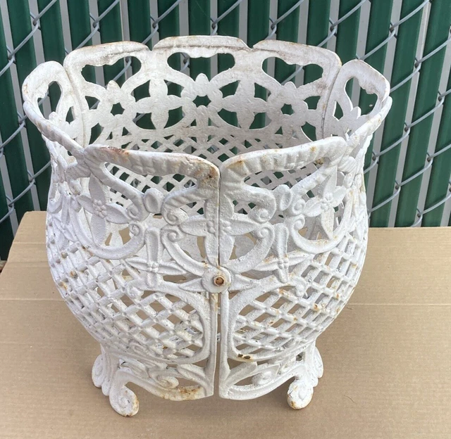 LARGE VINTAGE CAST Iron Planter Ornate Victorian Open Weave 12” Tall 12