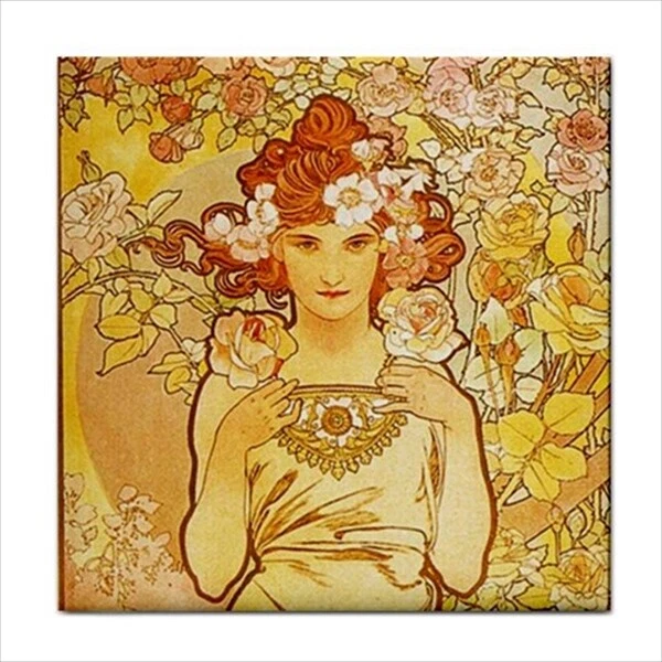 Rose Female Woman Art Nouveau Alphonse Mucha Decorative Backsplash Ceramic Tile