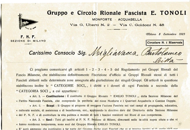documento P.N.F DI MILANO - GRUPPO E CIRCOLO RIONALE FASCISTA E. TONOLI del 1923 documento P.N.F DI MILANO - GRUPPO E CIRCOLO RIONALE FASCISTA E. TONOLI del 1923