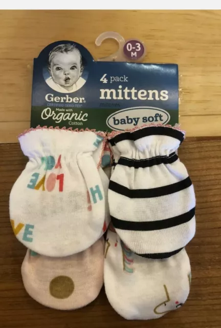 Gerber Baby Girl 4-Pack Organic Cotton Rainbow Unicorn Mittens Size 0-3M