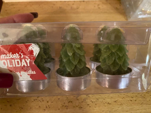 Green Christmas Tree Tea Light Wax Candles Set of 6 Retro Holiday's New 1.5"