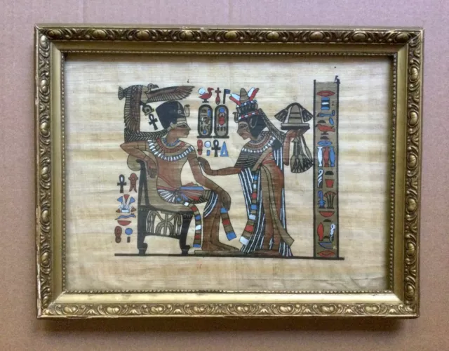 Stunning Vintage Egyptian Art Hand Painted On Papyrus Framed.