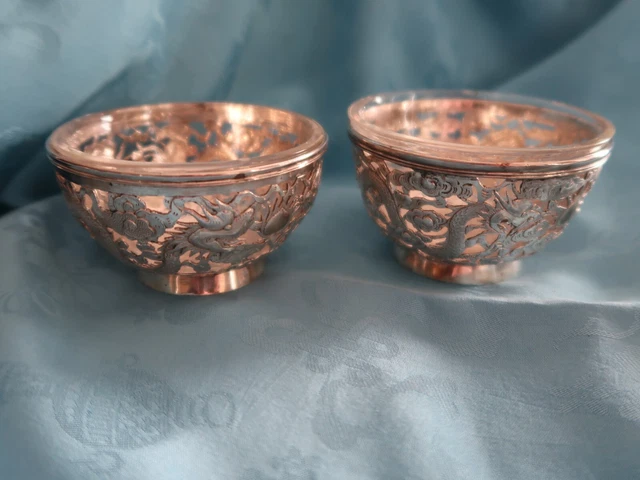 2 Small Luen Wo Dragon-Themed Bowls-Shanghai Export Silver-circa 1900