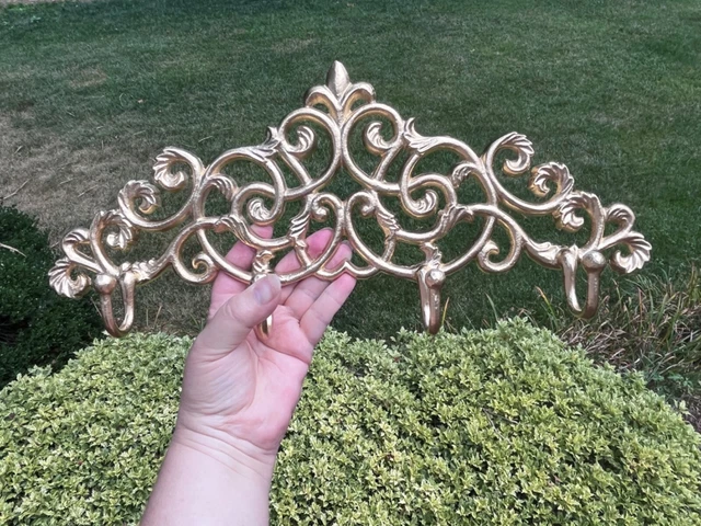 Vintage ornate gold  cast Iron Wall Hook Rack - Vintage Design Hanger 16x7”